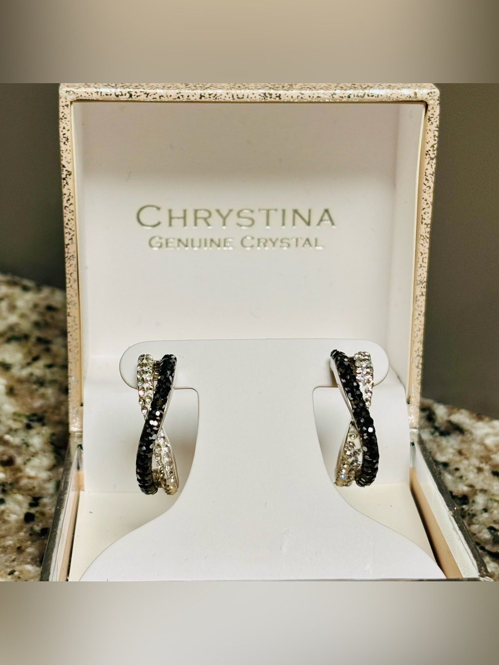 Two-Tone Crystal Criss Cross Hoop Earrings NIB | Silver Plated